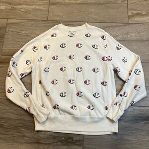 Champion Reverse Weave Mens Size L Sweater White Vintage All Over Print Logo